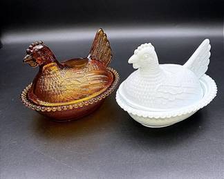 Brown Glass Hen On A Nest & Milk Glass Hen On A Nest
