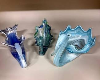 A Trio Of Blue-Toned Hand-Blown Glass Swans