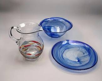 Blue Galleria Pitcher Made In Romania & Handmade Blue Swirl Glass Serving Bowl And Platter