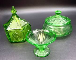 Uranium Glass Dessert Cup, Uranium Glass Candy Dish & Indiana Tiara Hexagon Candy Dish