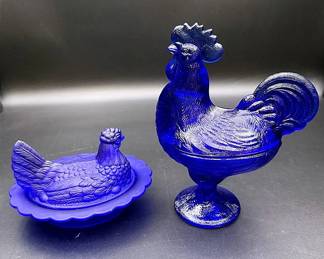 Blue Glass Hen On A Nest And Blue Glass Rooster