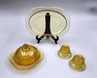 Madrid Amber Depression Glass Covered Butter Dish, Large Platter & Candlestick Holders