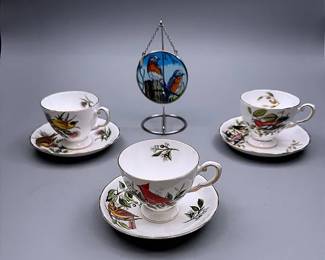 Audubon Birds Bone China Teacup & Saucer Sets And An AMIA Of Denver Handpainted Bird Suncatcher