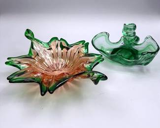 Murano Style Hand-Blown Glass Trinket Bowl & A MCM Hand-Blown Art Glass Cornucopia Bowl