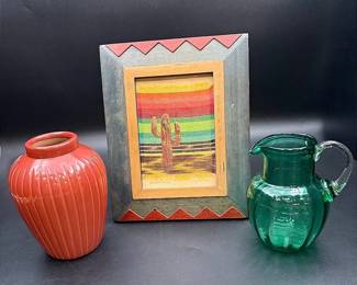 “Arizona Daze” Embossed Copper Cactus On Tapestry, Alvin Baca Melon Jar & Green Glass Pitcher