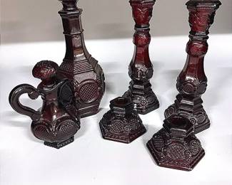 Avon 1876 Cape Cod Collection Ruby Red Glass Decanters & Candlestick Holder Sets