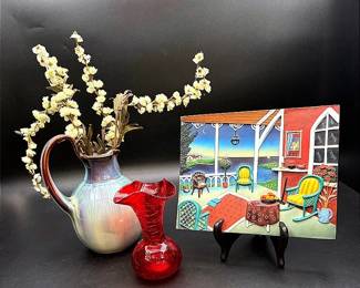 Bill Campbell Violet & Blue Glazed Pitcher, Rainbow Crackle Glass Vase & Reco “Nantucket” 3D Plaque