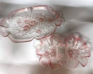 Mikasa Rosella Pink Glass Serving Tray & Mikasa Rosella Pink Glass Double Relish Tray Or Candy Dish