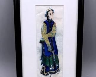 19th-Century Watercolor On Delicate Pith Paper Of A Woman In Traditional Attire