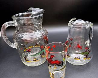 “Pheasant Hunting” Themed Large & Small Pitcher And Drinking Glass