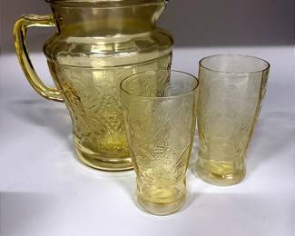 Madrid Amber Depression Glass Pitcher And Two Drinking Glasses