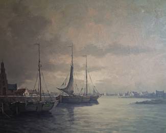 20th C. Marl Martens Oil On Canvas Harbor Scene