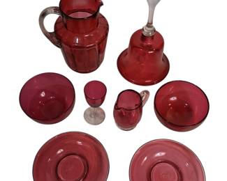 19/20th C. Cranberry Glass Set, Pitcher Bell Etc