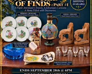 Brunks Auction, BA073, A World of Finds, Online Auction, Estate Collectibles, Global Decor, World Travel Finds, Collected Curiosities, Herend, Herend Hungary, Herend Porcelain, Hand Painted Plates, Hunting Scene Plates, Hungarian Porcelain, Porcelain Collectors, Display Plates, Philander Shelton, Hopi Kachina, Left Handed Kachina, Signed Kachina, Carved Wood Figure, Native American Art, Hopi Art, Murano Glass, Blue Art Glass, Controlled Bubble Glass, Art Glass Bowl, Italian Art Glass, Balinese Bookends, Sandalwood Bookends, Carved Bird Bookends, Pita Maha, Balinese Carving, Art Deco Bookends, Gouda Pottery, Platina Gouda, Dutch Art Pottery, Floral Pottery Ewer, Hand Painted Pottery, Marcello Fantoni, Italian Ceramics, Ceramic Mosaic Bowl, Signed Pottery, Arte Italica, Animal Head Glasses, Stemless Shot Glasses, Cabinet Collectibles, In House Shipping, Arizona Auctions, September 28 Auction