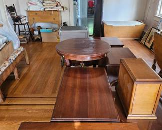 Furniture, vintage linens, silverware cabinet
