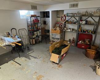 Pre-lit artificial Christmas Tree, tins, plain wood craft items for painting, candles, holiday decorations, glassware