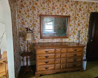 Dresser, mirror, lamp