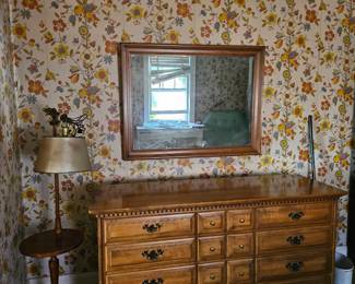 Rick maple dresser, table lamp, mirror