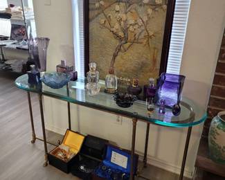 Glass & Brass Sofa Table, Lampe Berger Fragrance Lamps, Purple Hankercheif Vase, Van Gogh Art