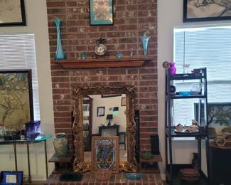 Blue Swung Vase, Large Gold Framed Mirror, 4 Tier Shelf