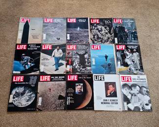 Vintage LIFE magazines covering historic events, space exploration, public figures and American culture.