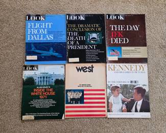Vintage LOOK magazines and John F. Kennedy-related publications, including assassination coverage.