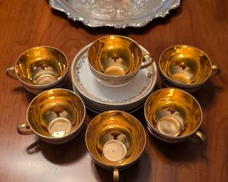 B.T. Co. Antique gold-interior cups and saucers with decorative borders and gold-tone handles. (1891 - 1907)