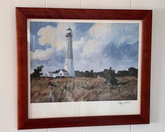 Signed Ray Ellis “Beach Path to Cape May” — framed coastal artwork featuring a beach path and lighthouse.