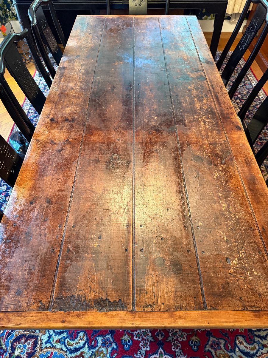 vintage multi-plank solid wood harvest table with drawer