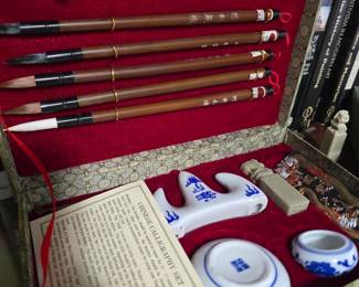 vintage Chinese calligraphy and scholar's writing set