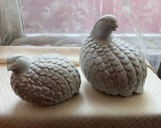 vintage mid-century white porcelain quail figurines