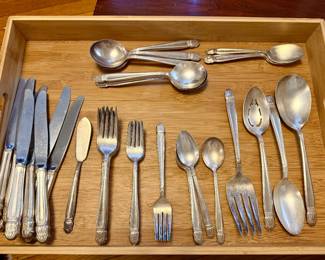 classic "Danish Princess" pattern by Holmes & Edwards, which was originally introduced in 1938, Mid Century/Late Art Deco Silver-Plate