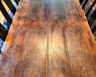 vintage multi-plank solid wood harvest table with drawer