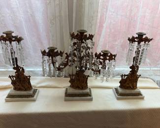 antique Victorian 3-piece figural cast metal and brass girandole candelabra set