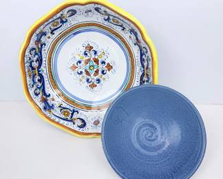 Lot #B16 - Franco Mari Deruta Italy Hand-Painted Maiolica Serving Bowl + Blue Studio Pottery Bowl