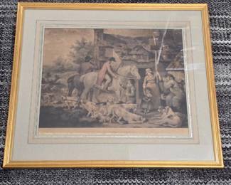 S Lot #94 - Framed Vintage Hunting Scene Print with Riders, Dogs, and Cottage