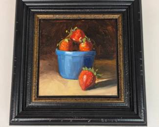 Lot #B55 - Cynthia Haase “Strawberries in Blue Bowl” Original Oil Still Life Painting