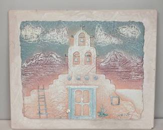 S Lot #89 - Signed Southwestern Mission Church Textured Relief Wall Plaque – Mixed Media on Wood