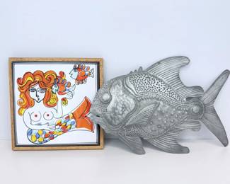 Lot #B20 - Cottura Giovanni De Simone Hand Crafted Italian Folk Art Wall Tile Mermaid & Fish, + Metal Fish Wall Art Sculpture