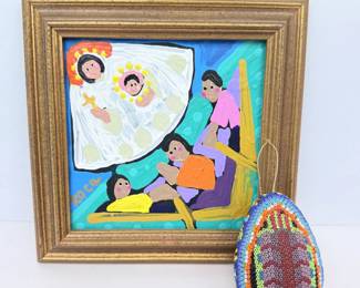 Lot #B24 - Diana Roca Signed Original Oil on Canvas "Patrona de Cuba" plus Hand Crafted Mexican Huichol Seed-Bead Egg Ornament