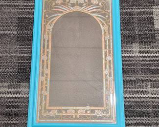 S Lot #90 - Art Nouveau-Style Floral Mirror with Iridescent Glass Detail & Turquoise Frame
