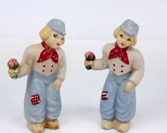 Lot #B14 - Pair Vintage Ceramic Dutch Boy Figurines with Flowers – Hand Painted European Folk Style
