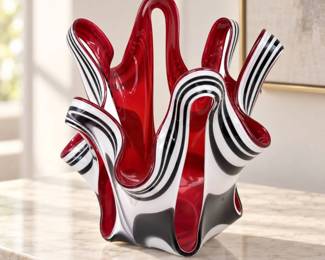 Lot #B19 - Józefina Krosno Polish Hand-Blown Art Glass Sculptural Bowl – Red, Black & White