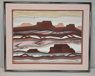 S Lot #83 - Signed “Kyle” 1987 Southwestern Pueblo Landscape – Mixed Media on Paper