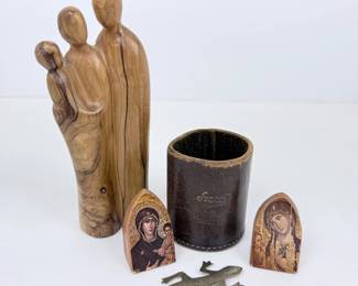 Lot #B22 - Hand Carved Olive Wood Holy Family Figurine with Religious Icons and More