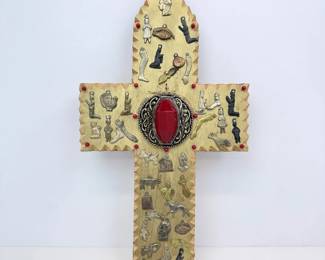 Lot #B3 - Herb Dillard 1994 Folk Art Assemblage Cross with Milagro-Style Charms
