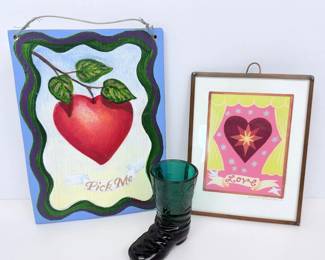 Lot #B25 - Marquez 1995 Hand Painted Heart Wall Art and Kate McPhee Studio Denver Heart Print with Green Glass Boot Shot Glass