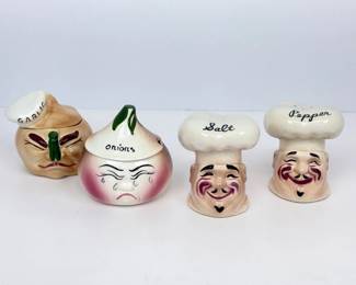 Lot #B12 - Vintage 1950s DeForest California Crying Onion & Garlic Jars + Japan Chef Salt & Pepper