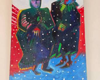 Lot #B38 - Signed Adamson Expressionist Figural Oil/Acrylic Painting – Two Figures in Snow