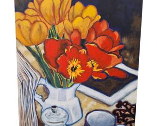 Lot #B62 - M. Schottler Original Floral Still Life Oil Painting – Flowers, Book & Tea Service
